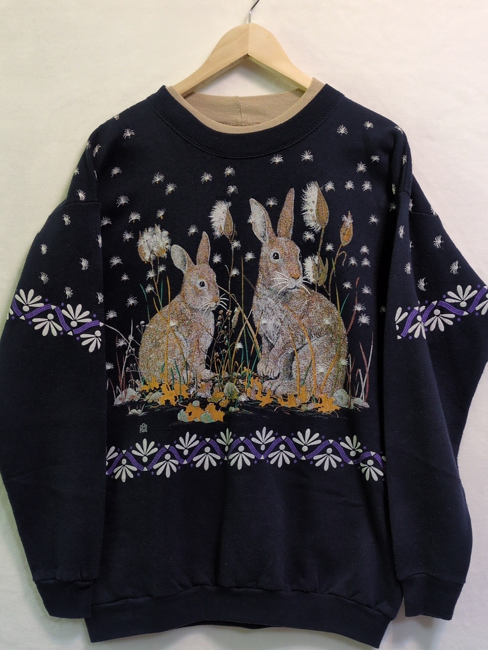 Vintage 90s Cotton Grove Bunny Rabbit Double Collar Sweatshirt Navy Large L